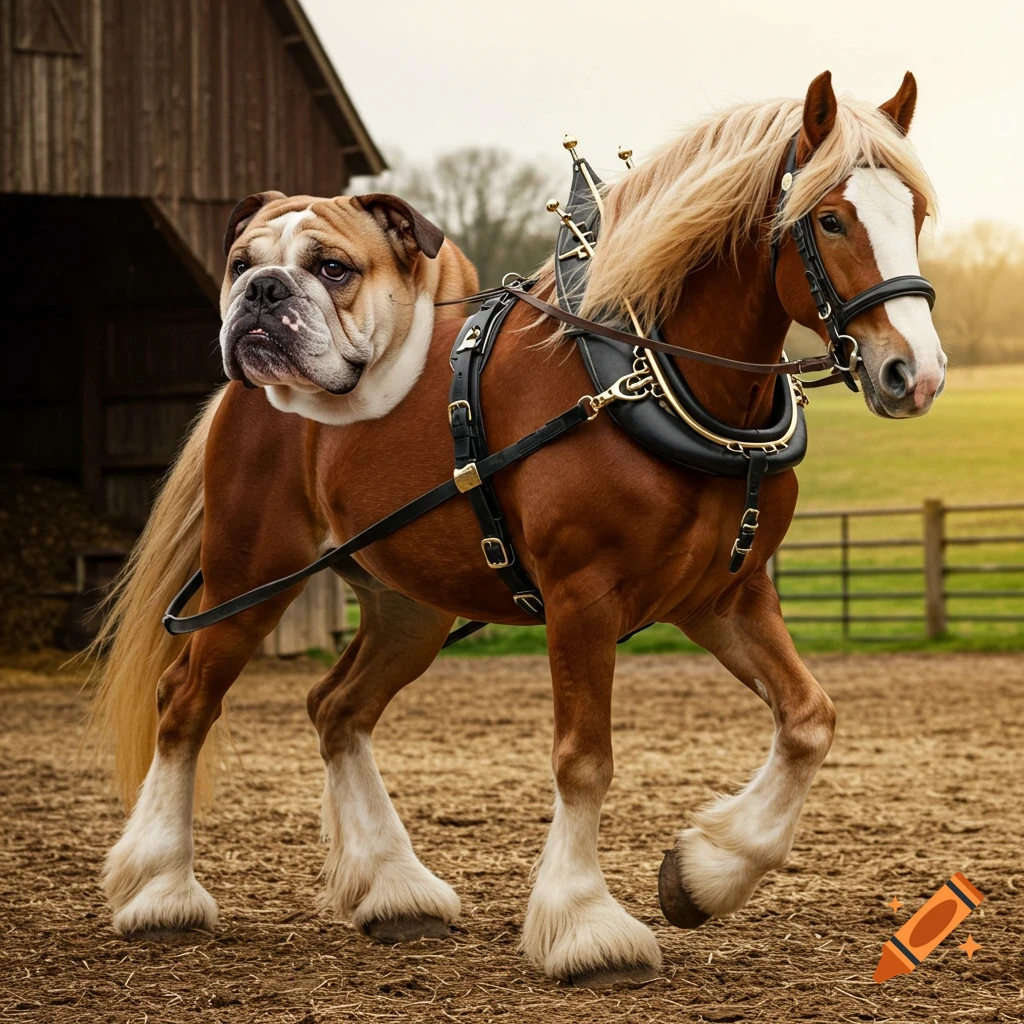 A creature with a bulldog head and horse body walks near a barn.