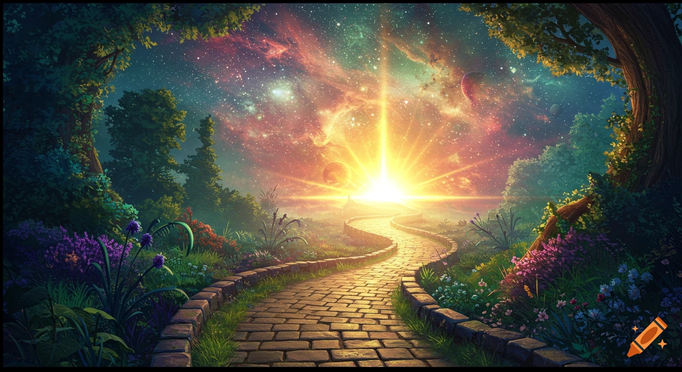 A stone path winds through a lush fantasy landscape towards a blinding light in a starry sky.