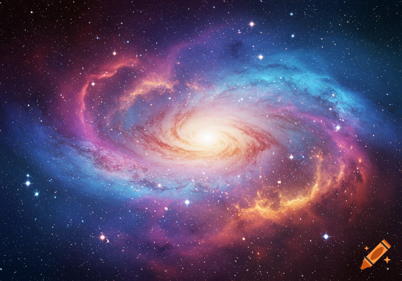 A colorful spiral galaxy surrounded by stars in space.