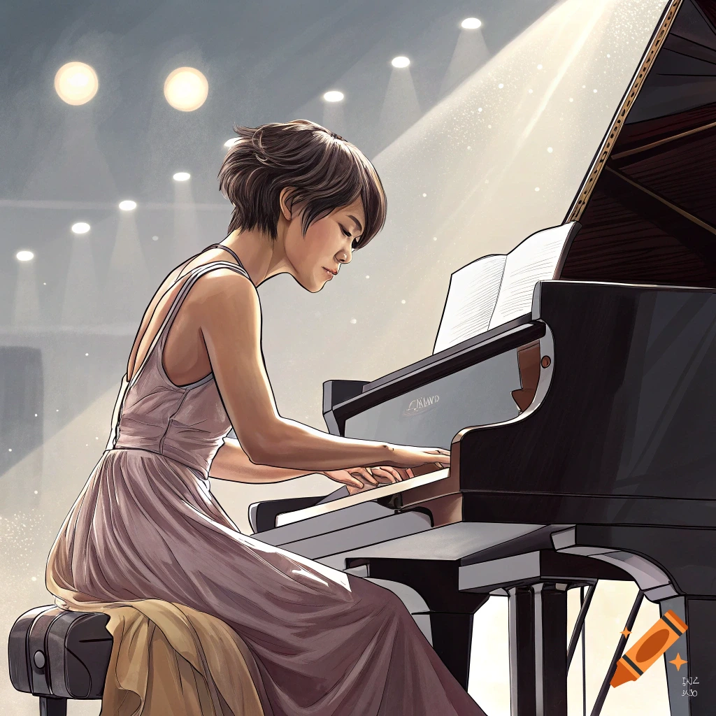 An illustration of a woman playing a grand piano