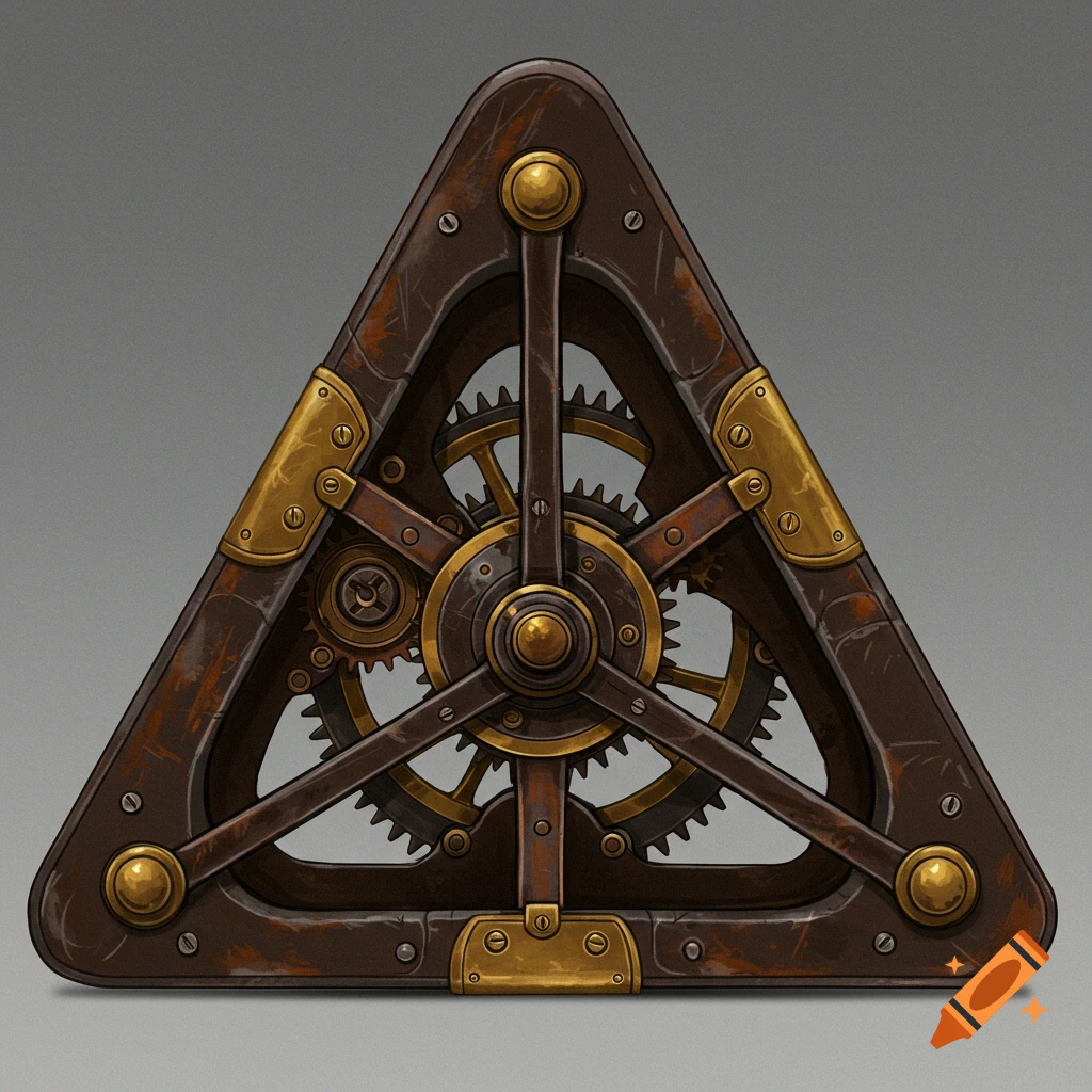 An old timey triangular mechanical device with gears.