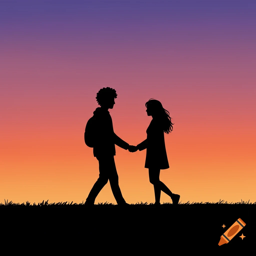 Silhouettes of a couple holding hands and walking against a sunset sky and grass.