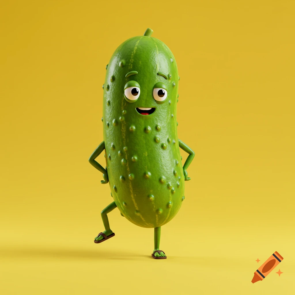 A cartoon pickle character stands on one leg with arms akimbo, wearing sandals, against a yellow background.