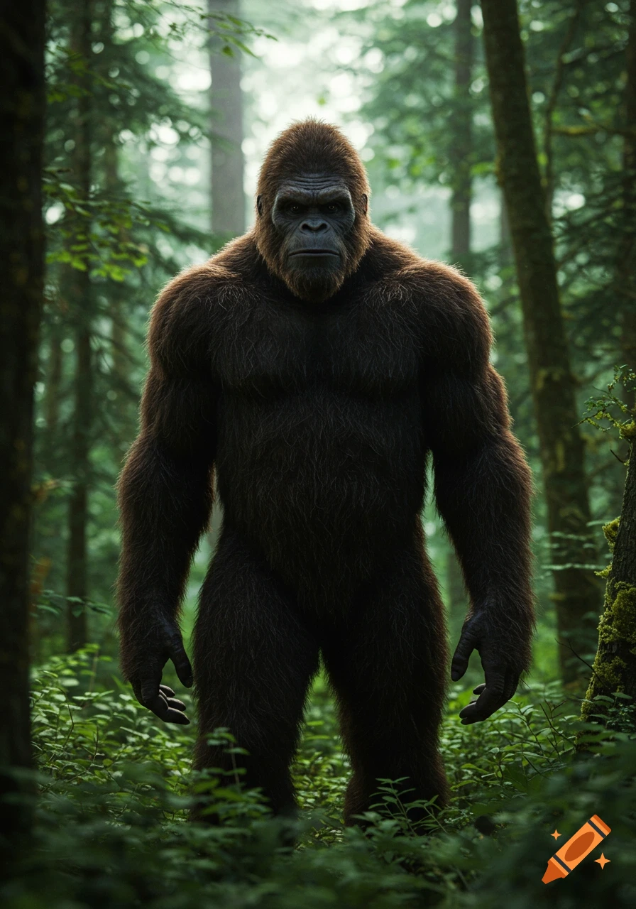 A photorealistic image of Bigfoot standing in a forest.