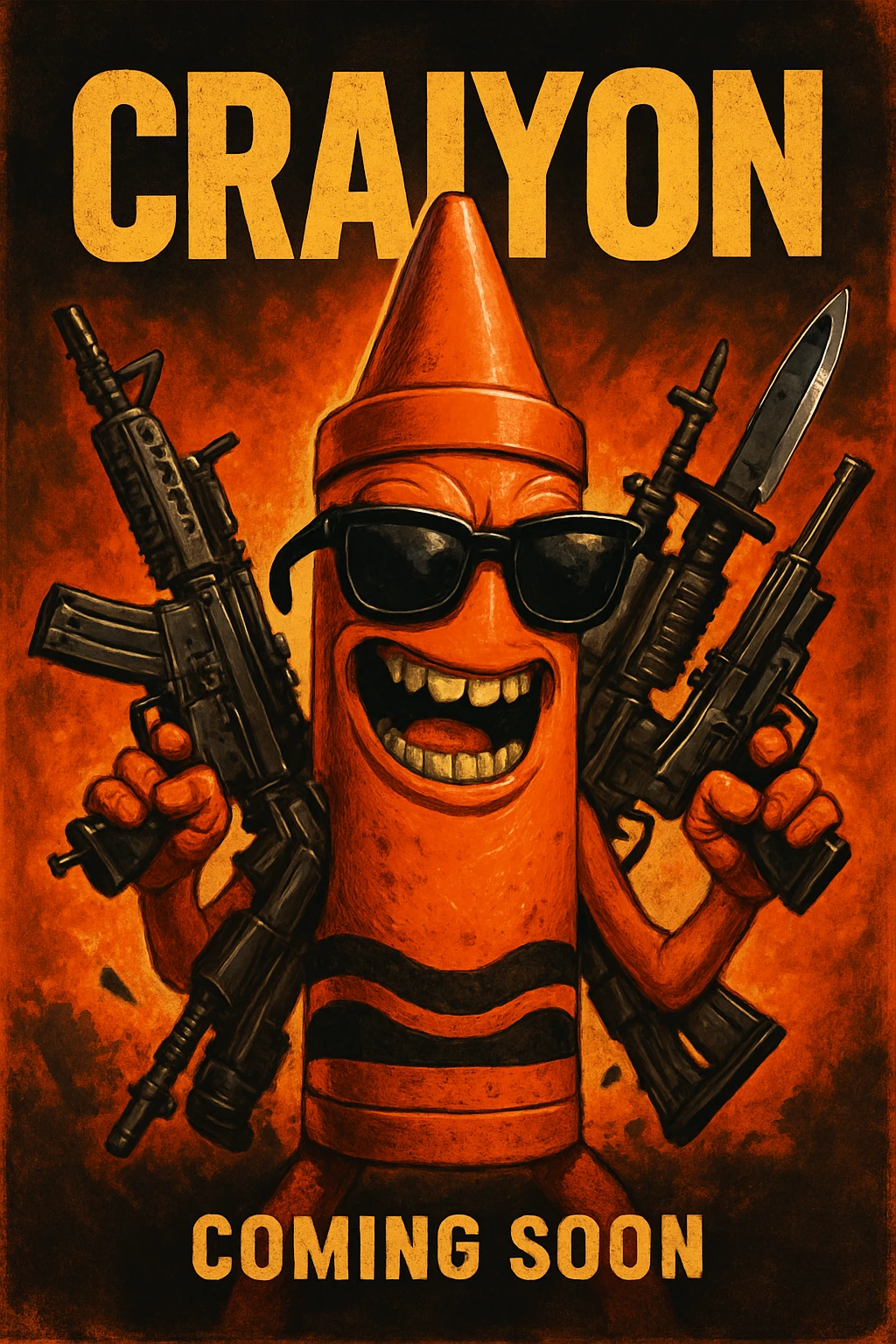 Movie poster for "Craiyon" featuring an orange crayon with sunglasses holding weapons
