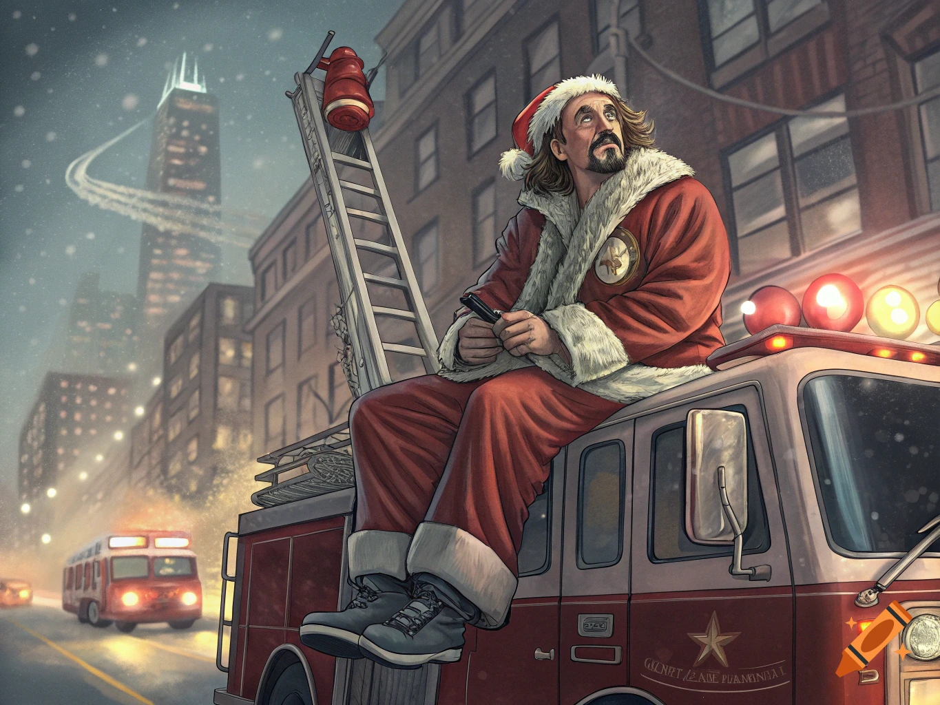 A person dressed as Santa Claus sits on a fire truck ladder in a snowy city.