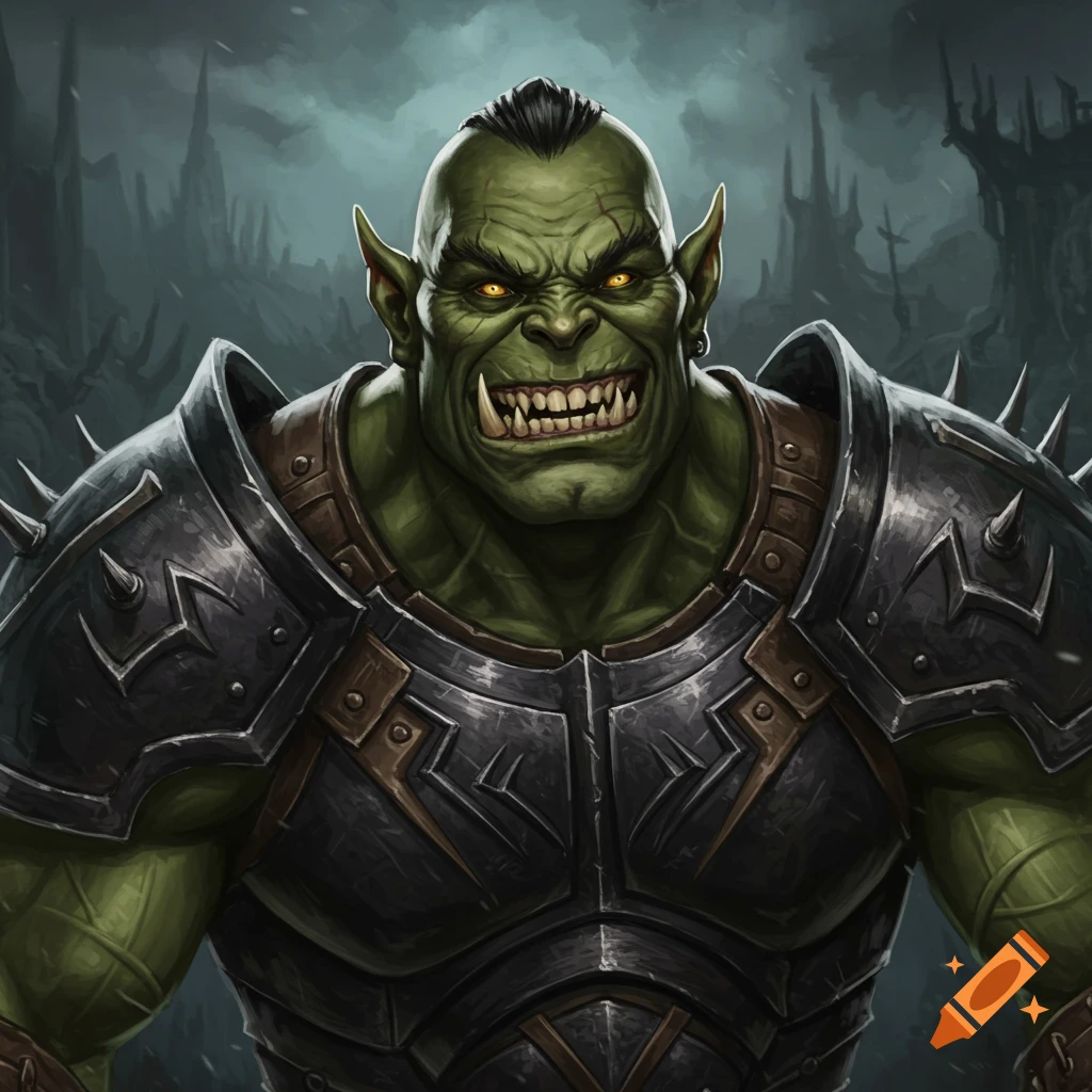 An orc character in armor is smiling