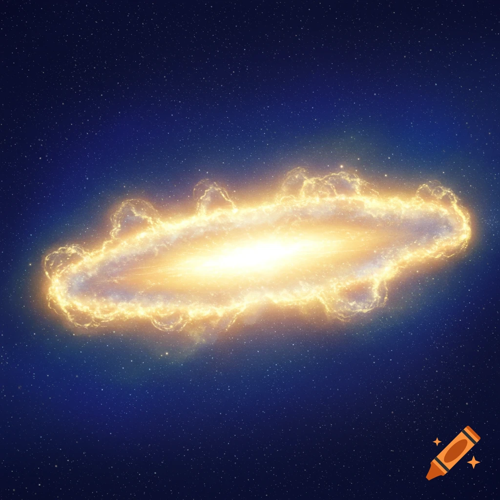 A bright golden glowing nebula or galaxy shape against a dark blue starry sky.