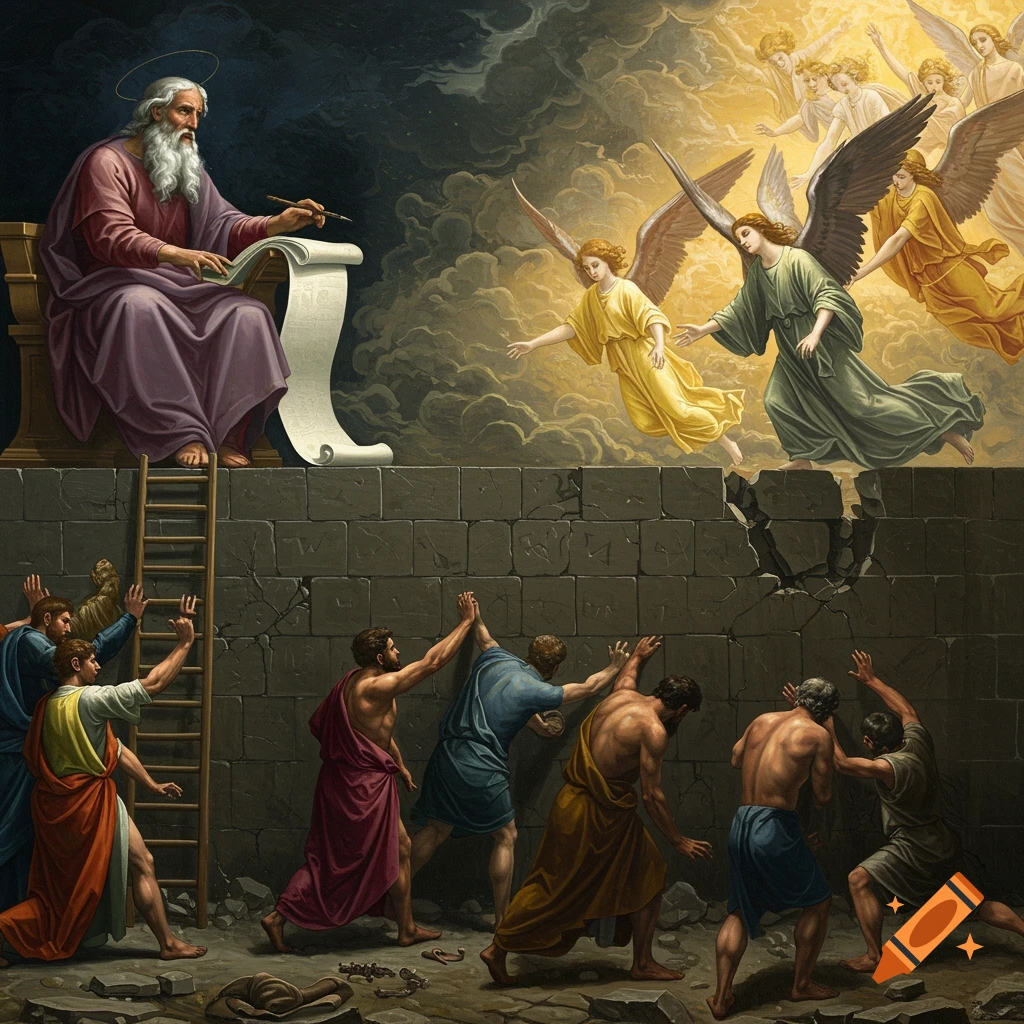 An old man writing on a scroll with angels above and people struggling against a wall below.
