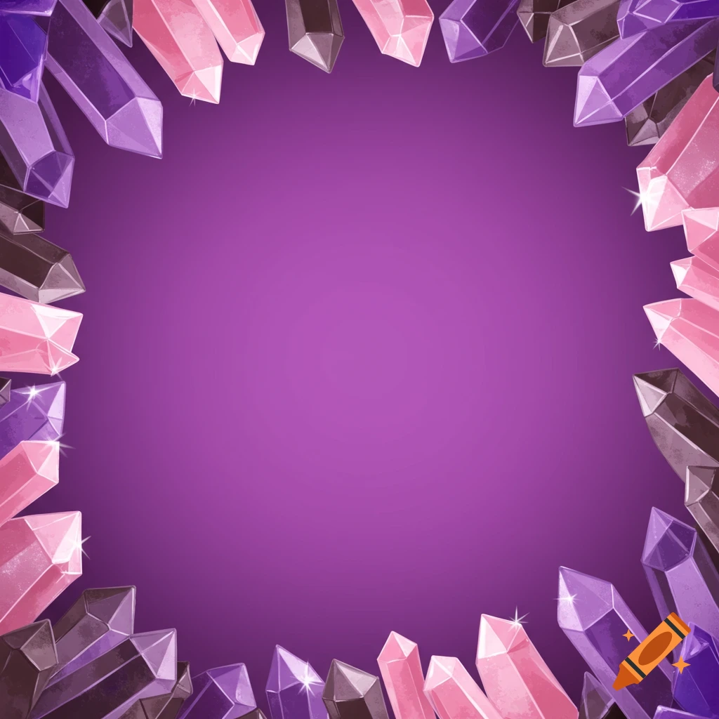 Purple, pink, and brown crystals framing a purple background