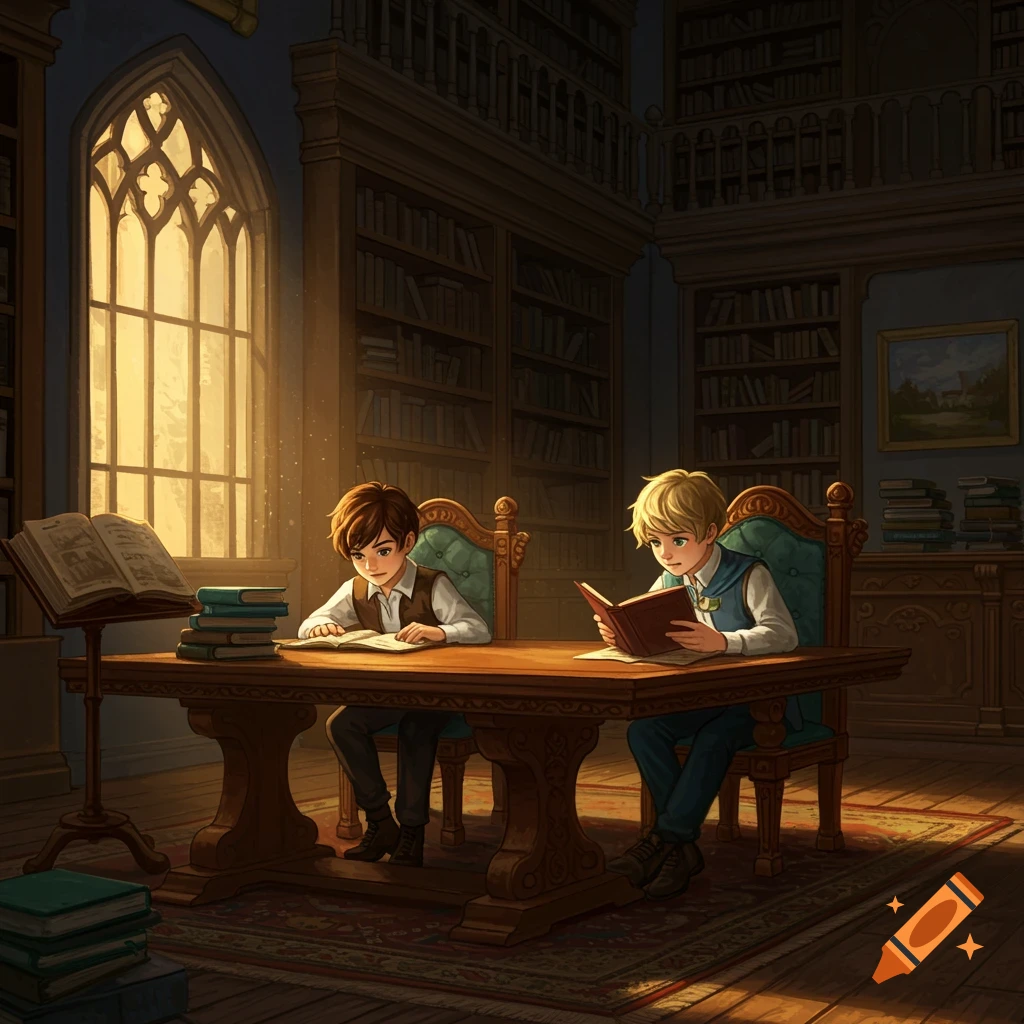 Two boys reading in a dimly lit fantasy library.