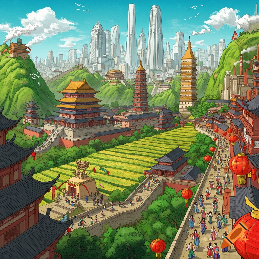 Vibrant image of a Chinese city blending traditional architecture with modern skyscrapers, mountains, fields, and people.