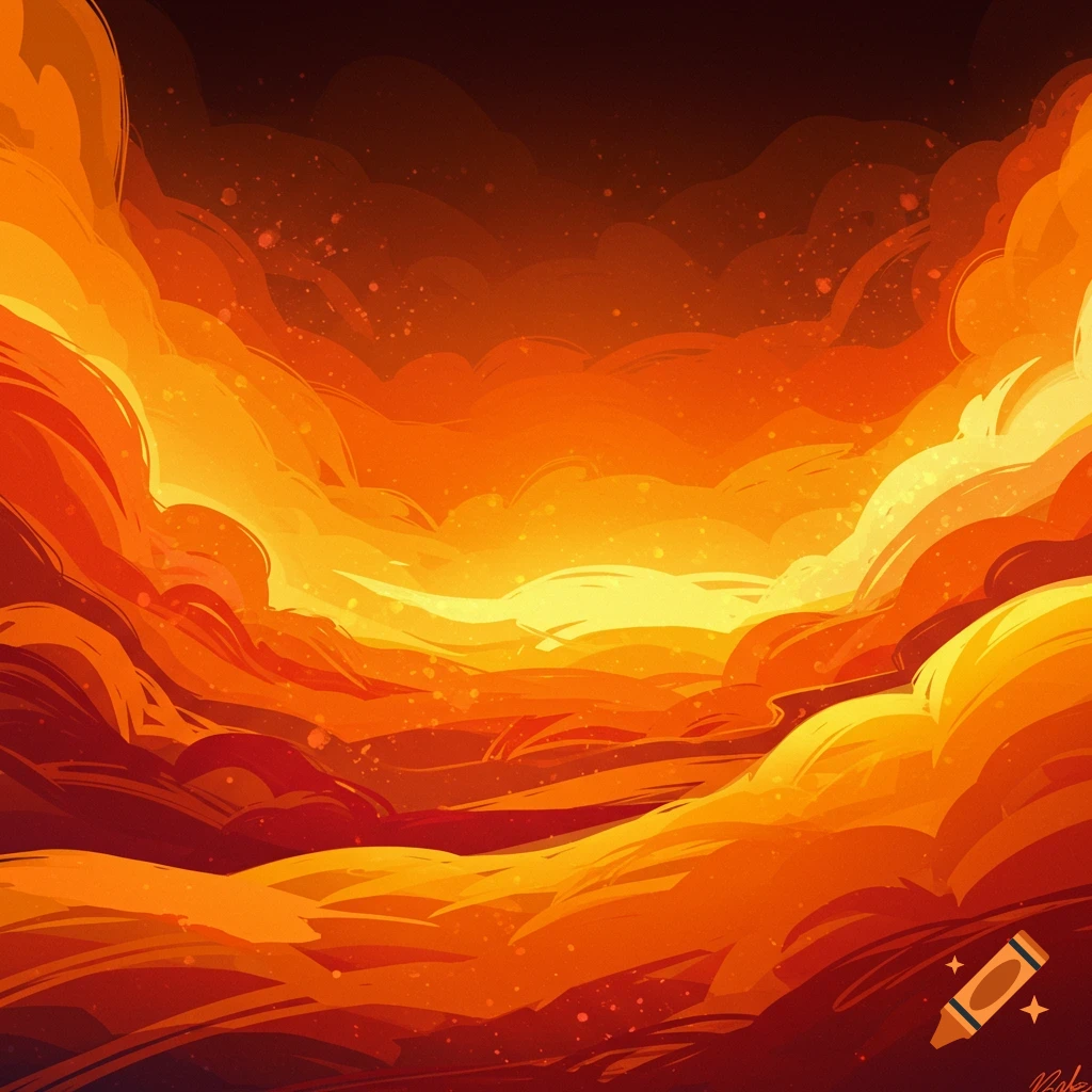 An abstract image of wavy orange and yellow forms resembling clouds or fire.