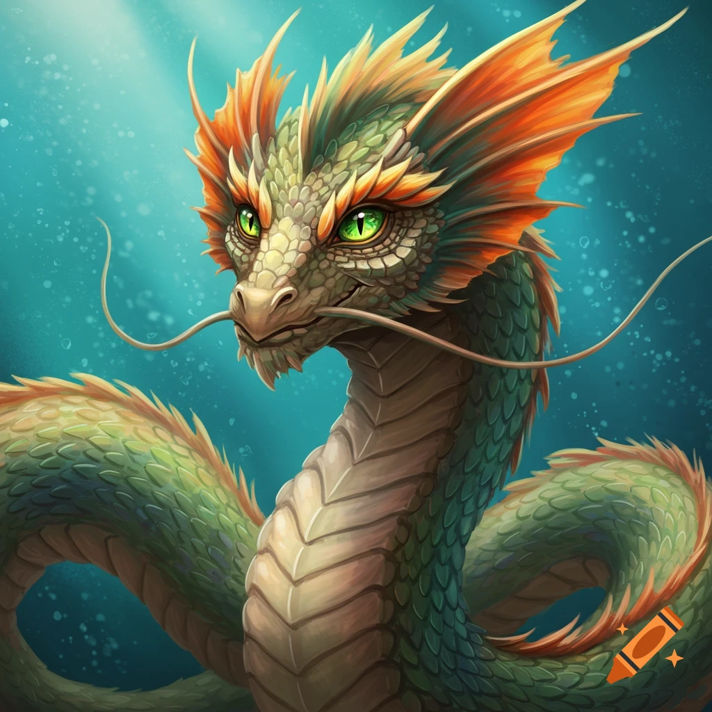 A close-up of a fantasy dragon with green scales and orange crest, set against a blue background.