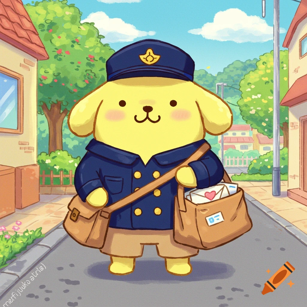 The character Pompompurin dressed as a mailman standing on a street.