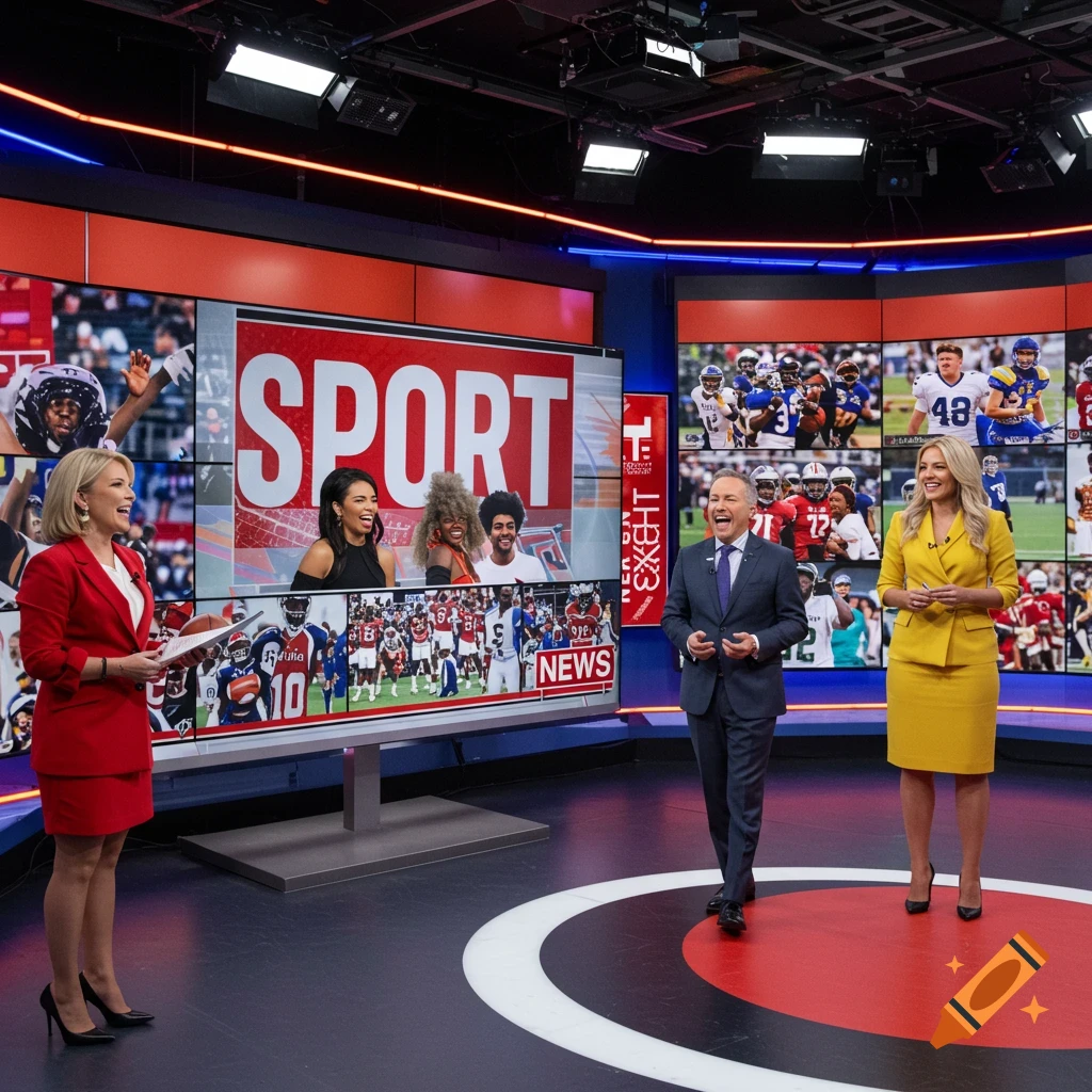 Three news anchors reporting in a television studio with screens showing sports.