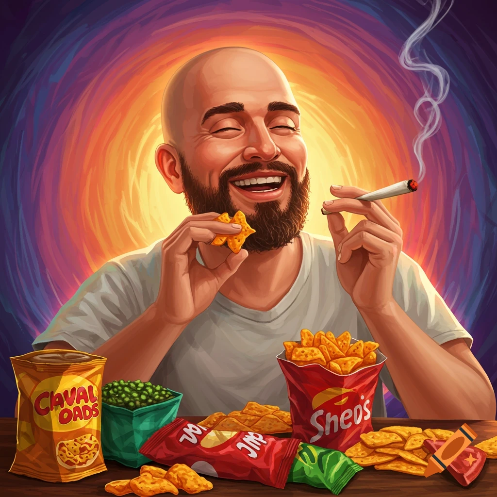 A happy bald man with a beard eats snacks and smokes a joint.