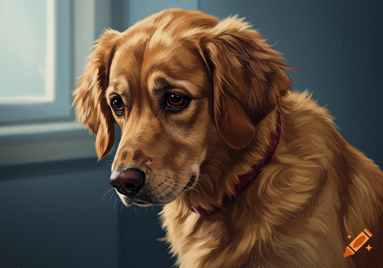 A sad golden retriever dog is wearing a red collar