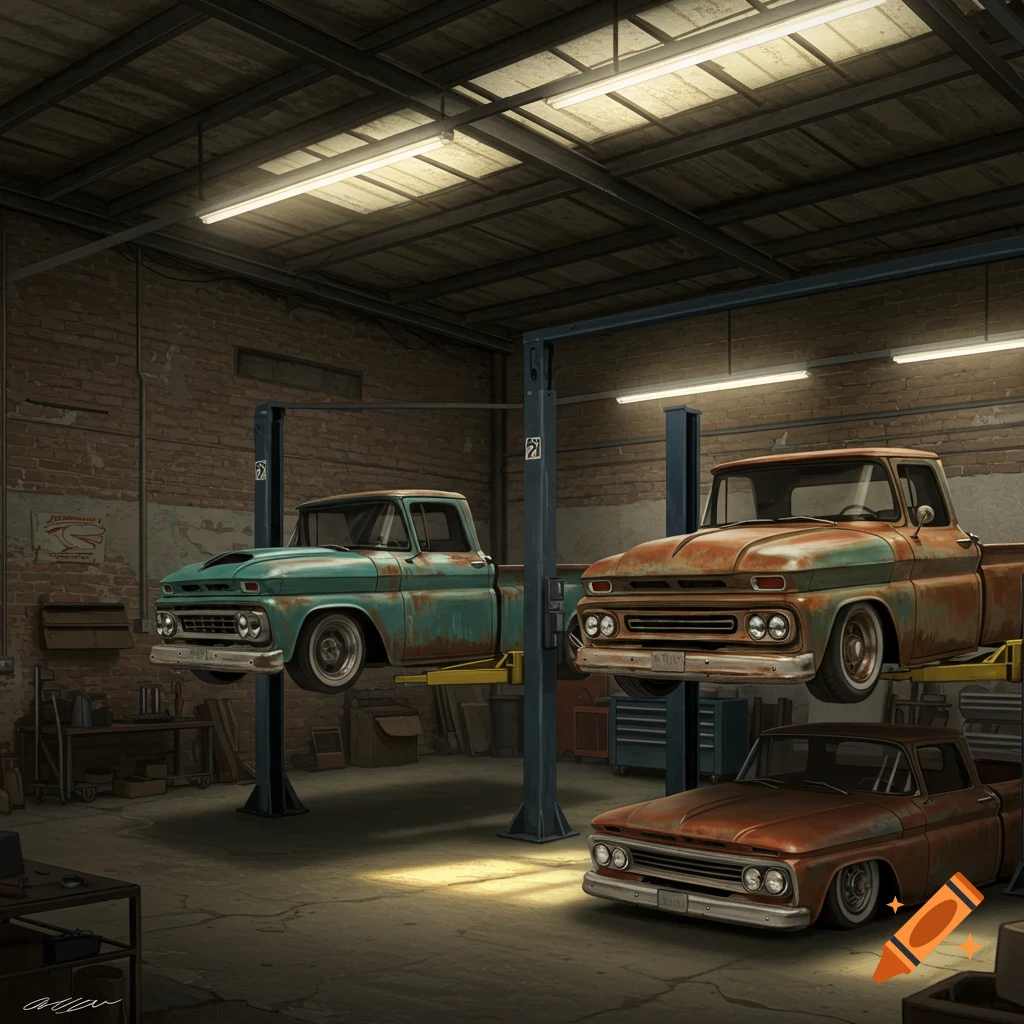 old trucks on lifts in a garage.