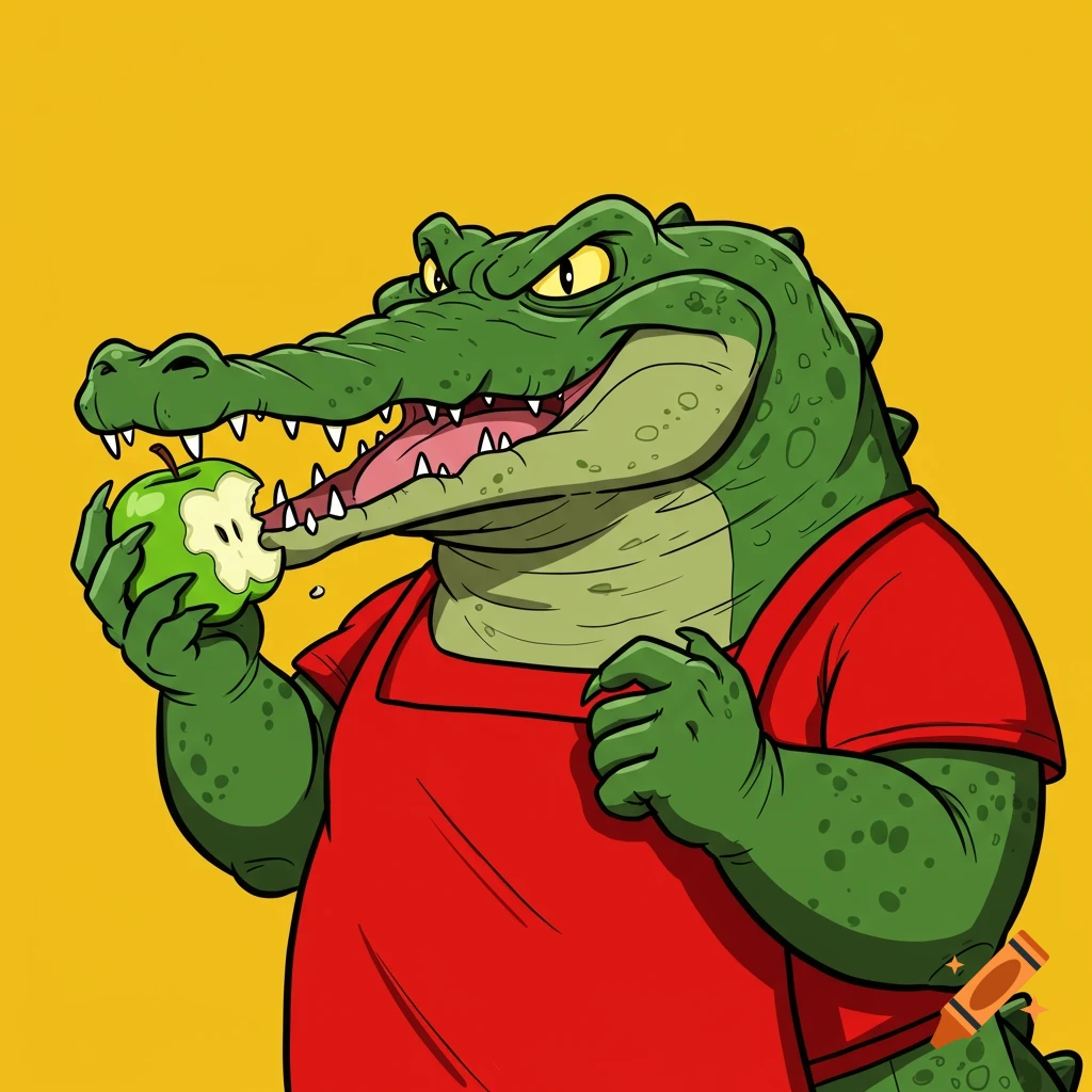 Cartoon alligator in a red apron eats a green apple.