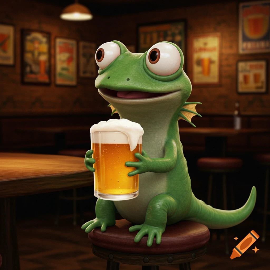 A cartoon green salamander sits on a stool in a bar, holding a pint of beer.