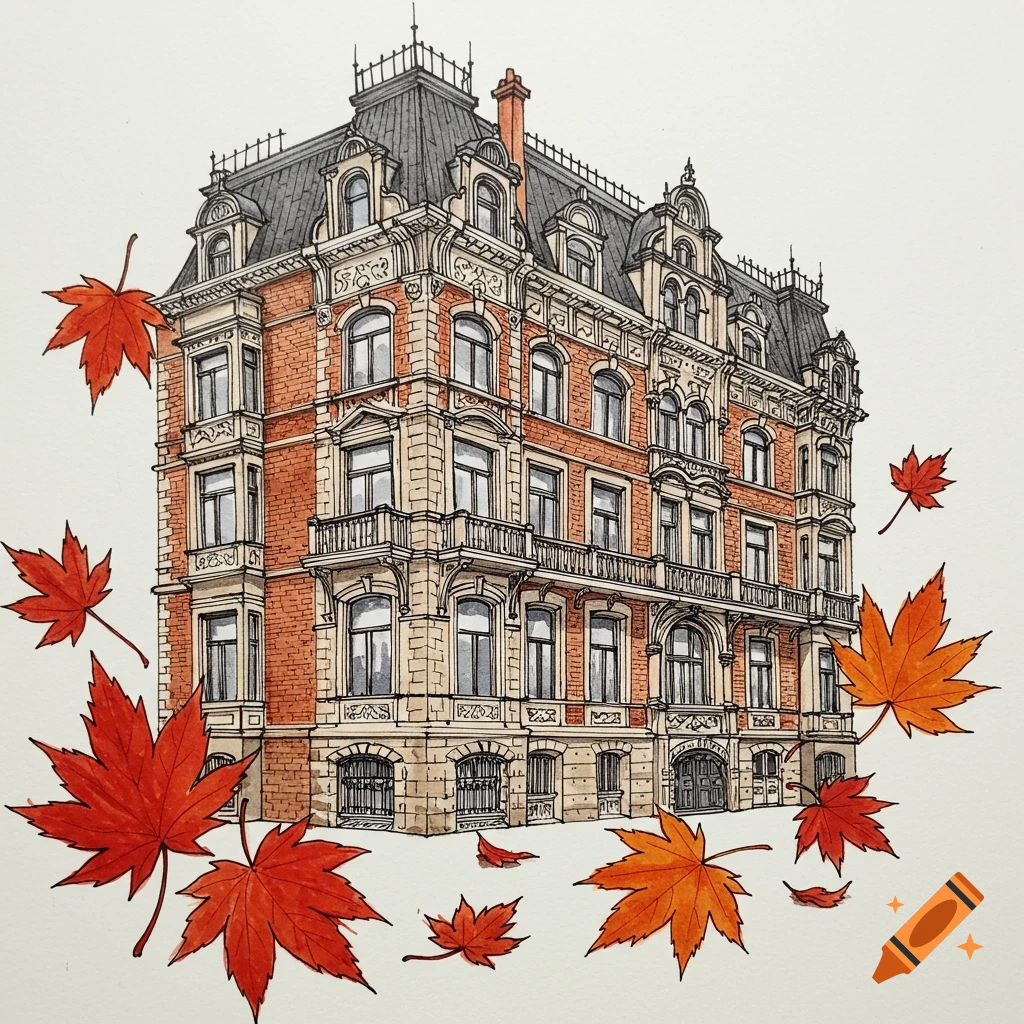 Ink and watercolor illustration of a Victorian building with floating maple leaves