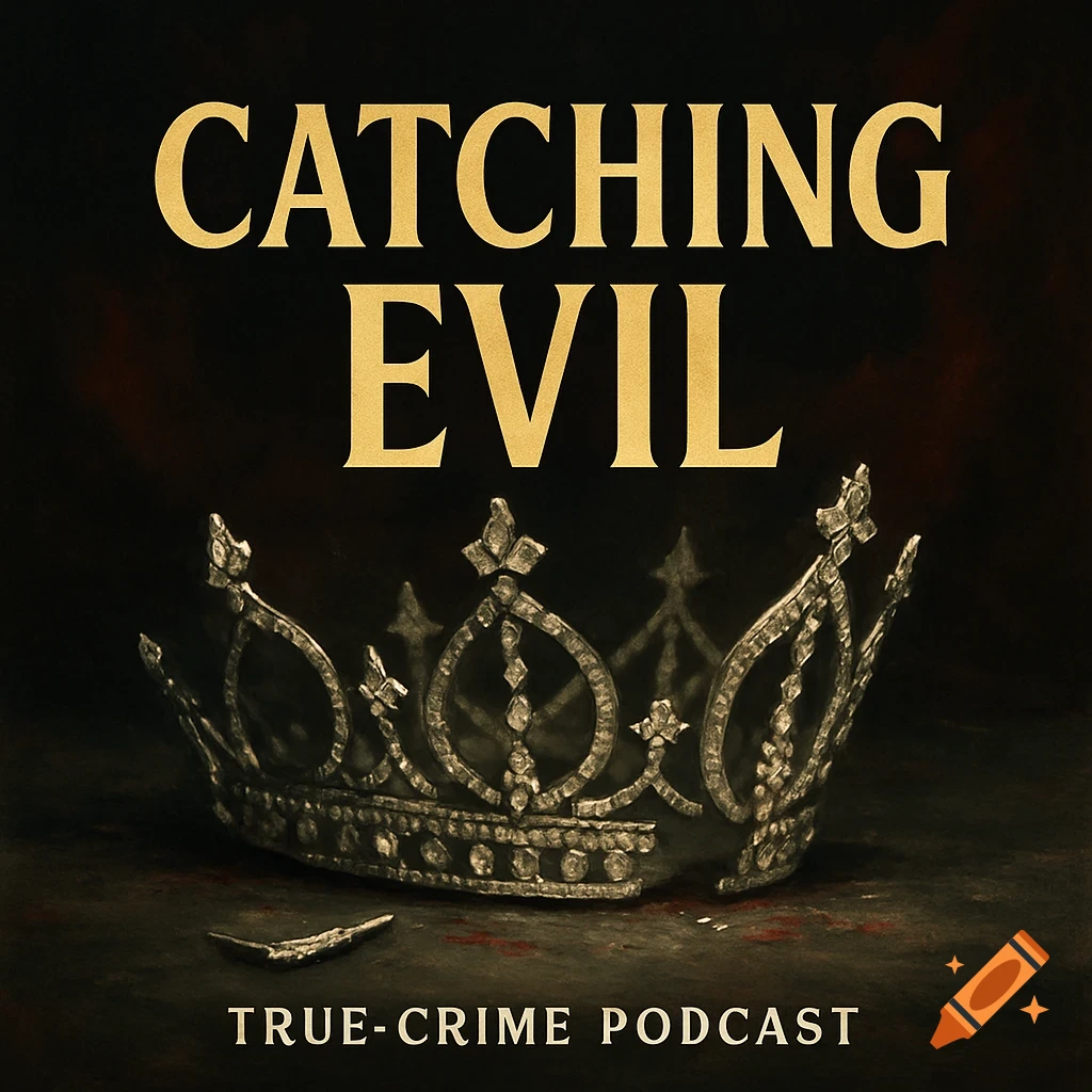 a broken crown with the text "CATCHING EVIL TRUE-CRIME PODCAST".