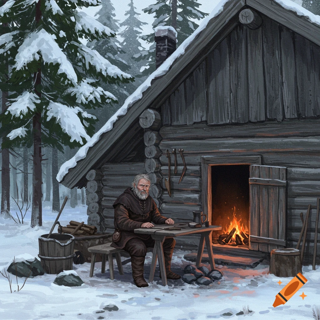 An old hermit sits outside a snowy wooden cabin in a forest, fire burning in the doorway.