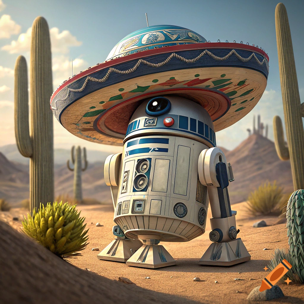 R2-D2 wearing a large ornate sombrero in a desert with saguaro cacti.