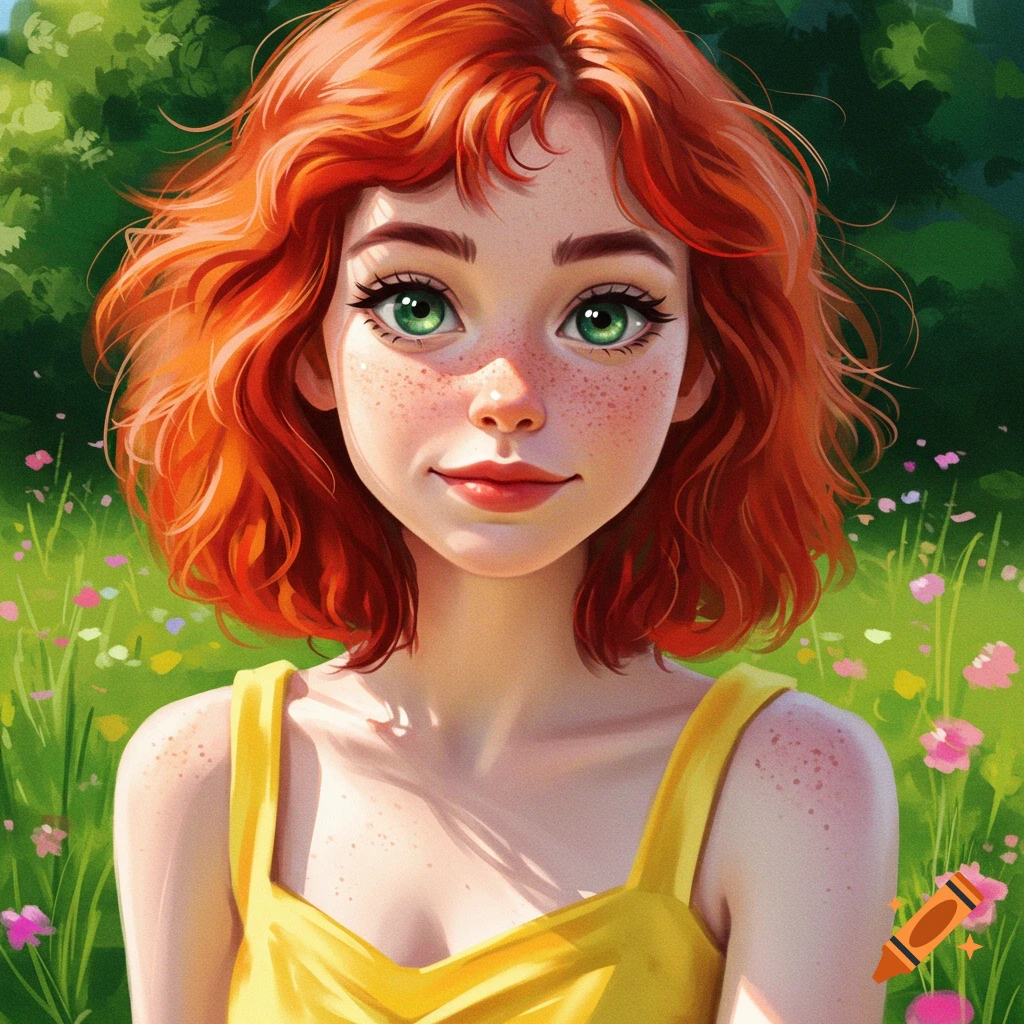 Portrait of a young woman with red hair and freckles smiling in a field of flowers.