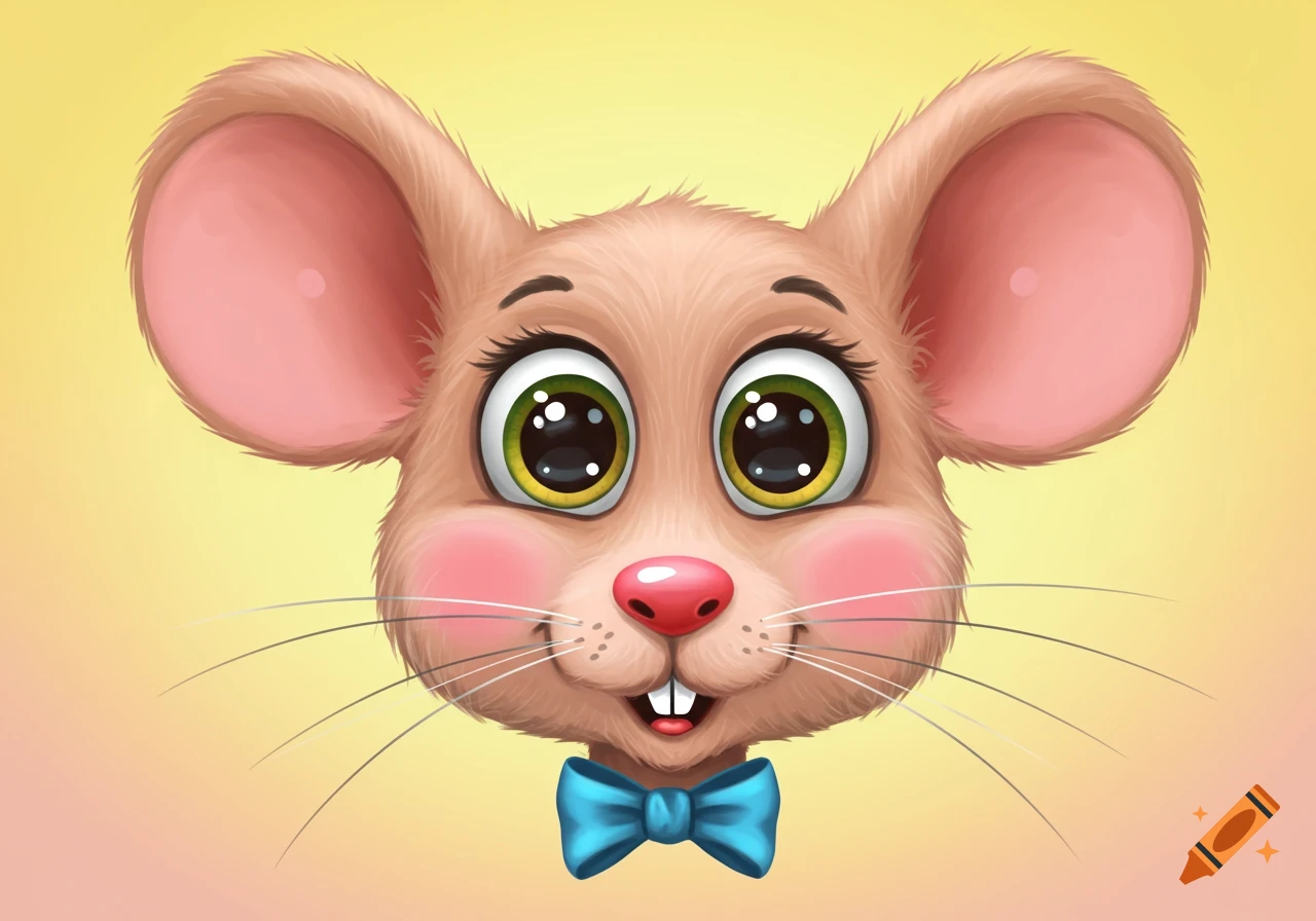 Close-up of a cute cartoon mouse with big eyes and a blue bow tie