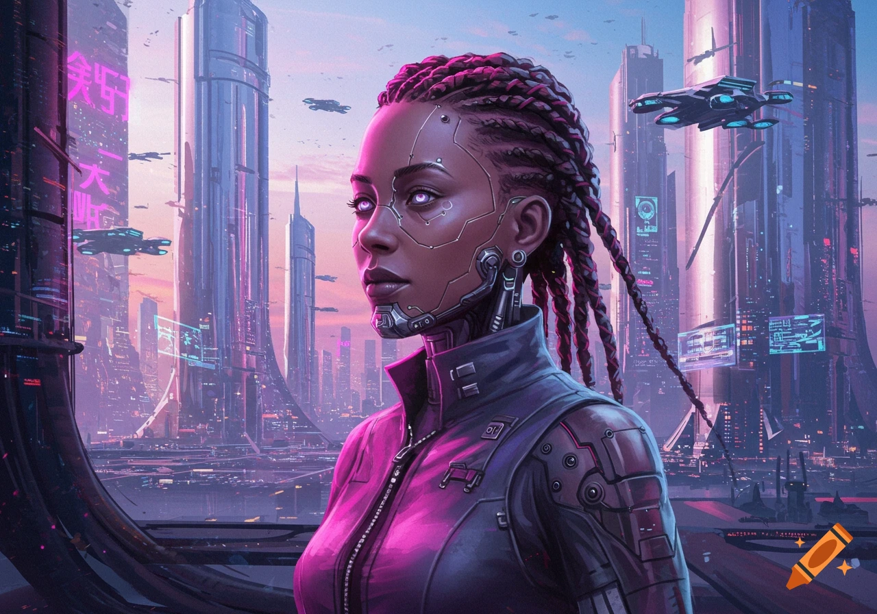 A cybernetically enhanced woman with braided hair looking over a futuristic city at sunset