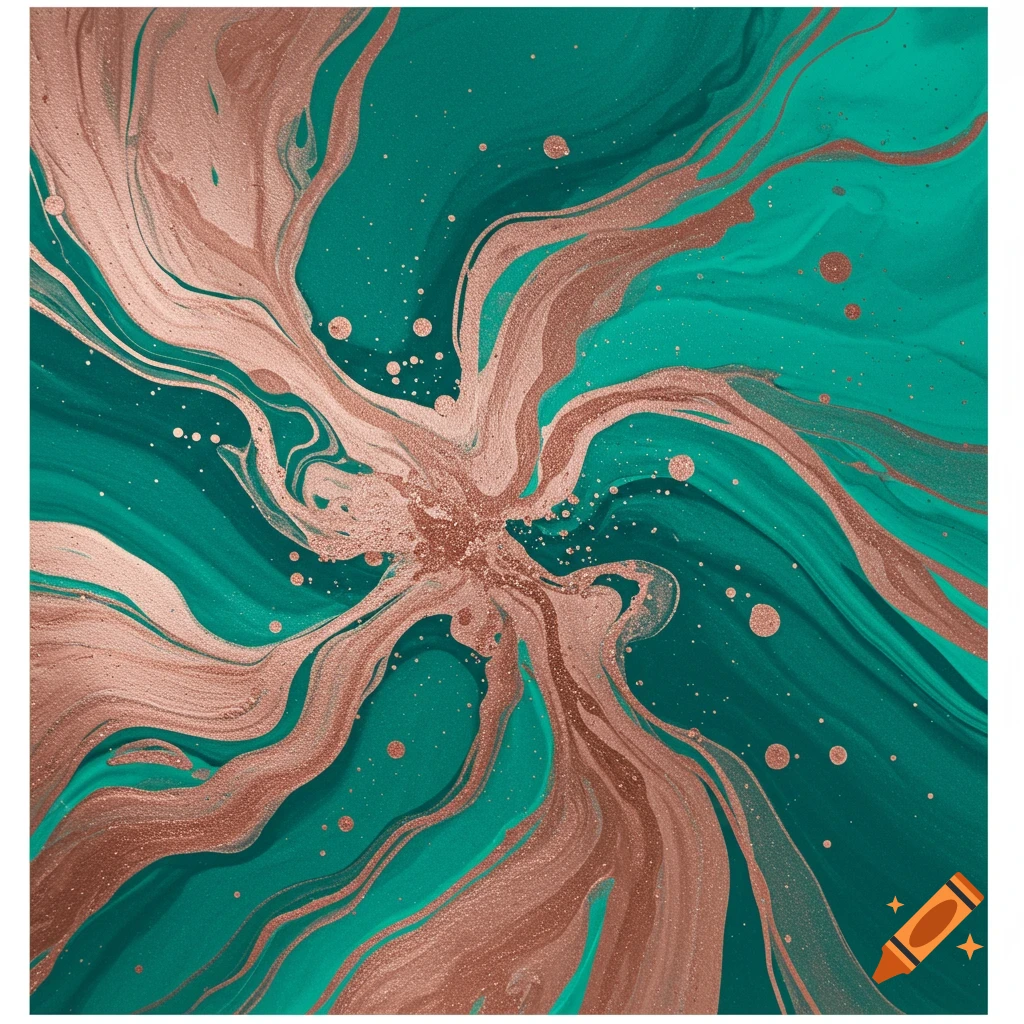 Abstract fluid art with swirling teal and metallic rose gold colors and splatters.