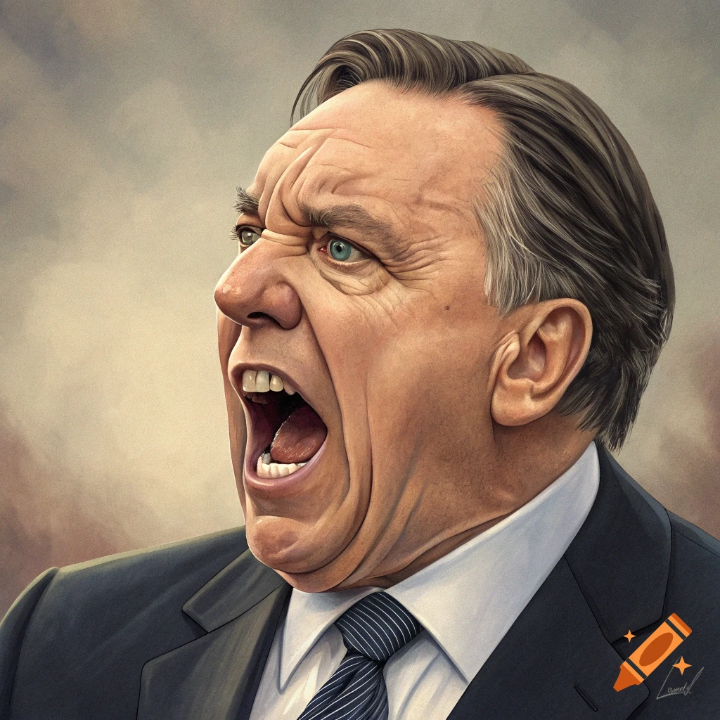 Detailed caricature portrait illustration of a man in a suit shouting intensely.