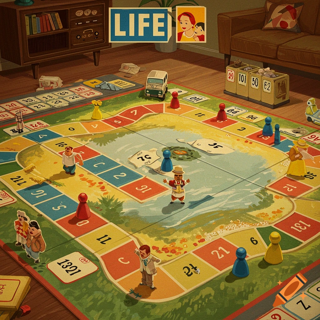A board game setup with pawns and figures on a path around a lake.