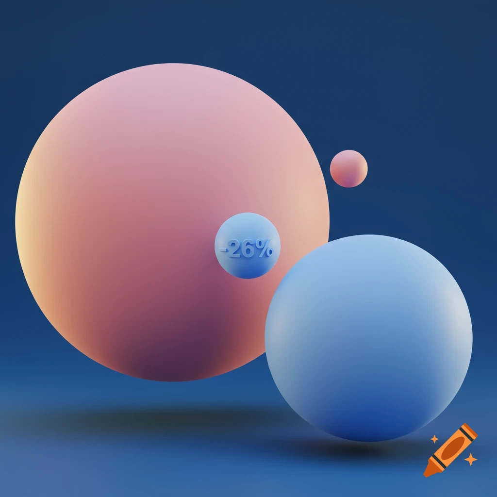 Abstract digital rendering of spheres, one with -26% text