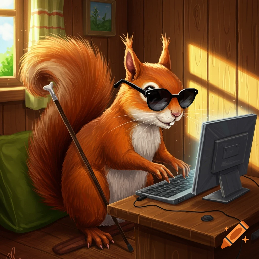 A red squirrel wearing sunglasses is using a laptop computer in a wooden room.