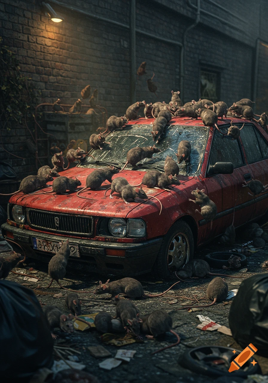 Photorealistic image of rats swarming over a damaged red car in a trash-filled alley.