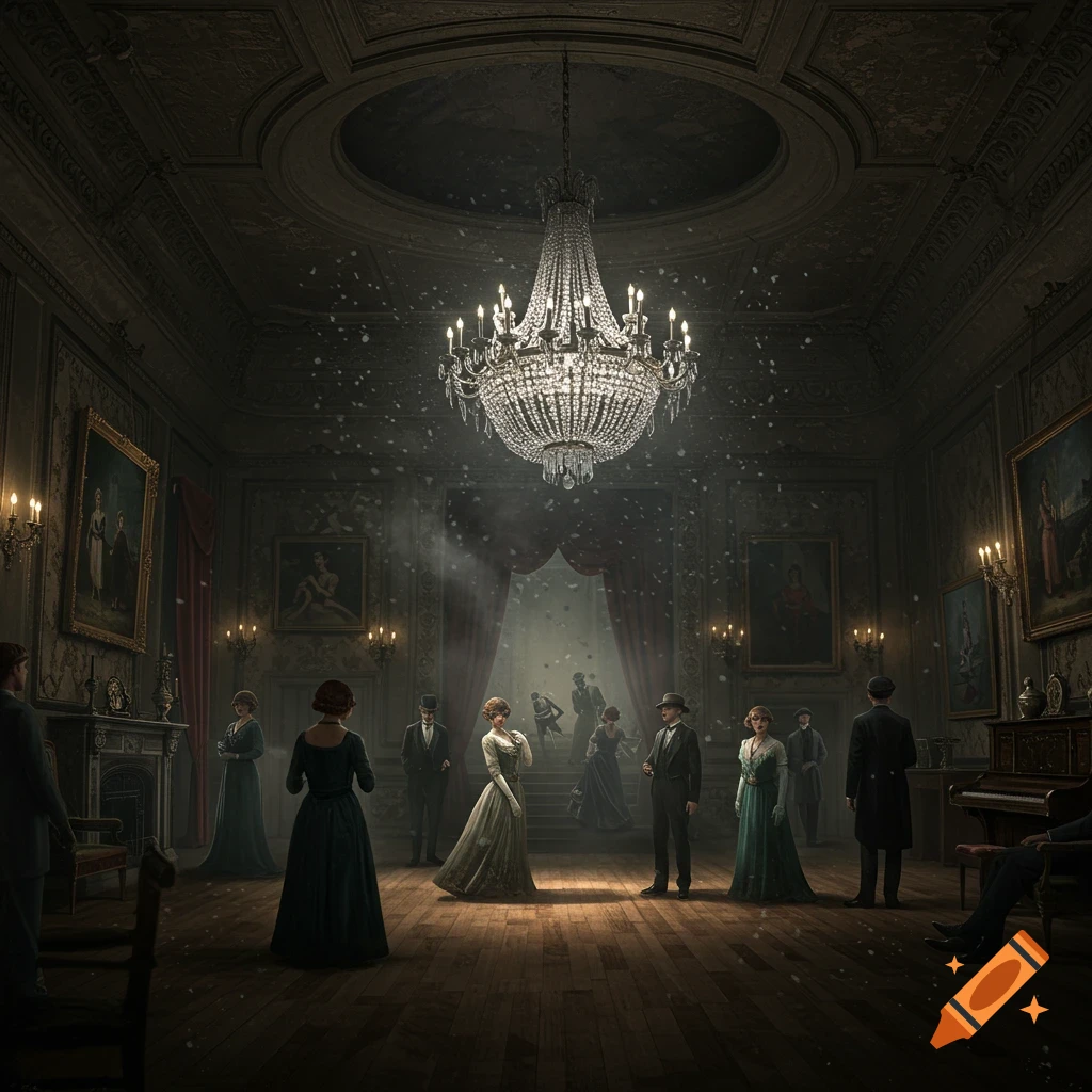 People in historical dress in a grand ballroom with a large chandelier.
