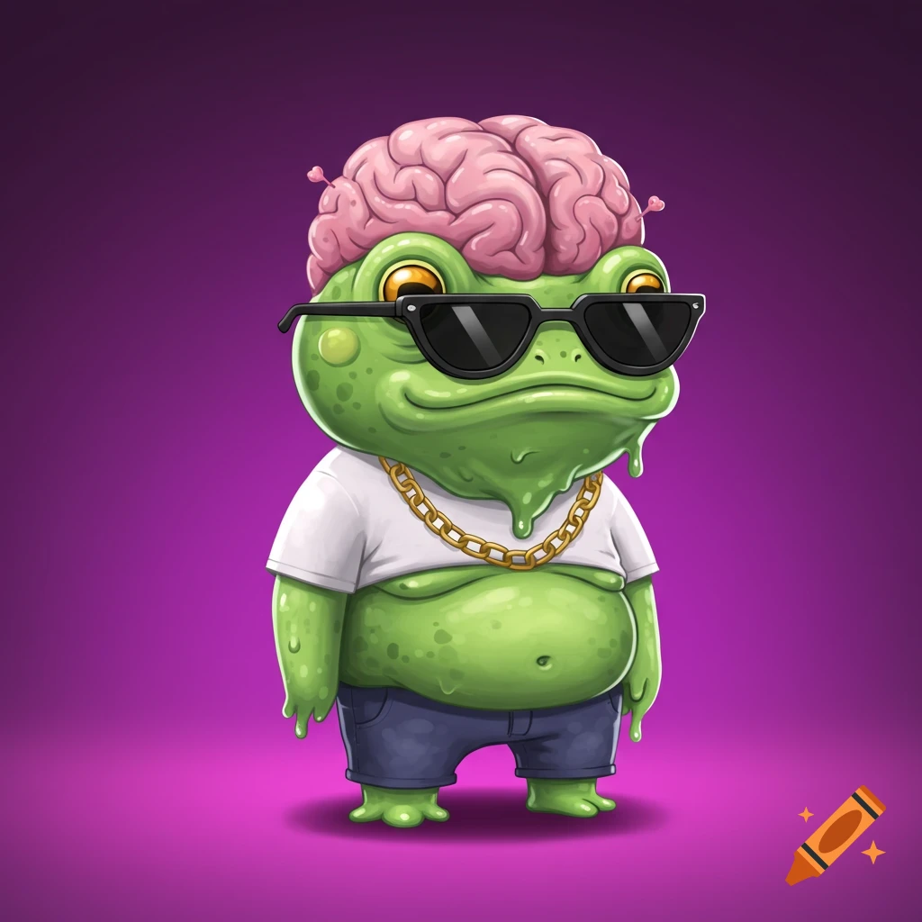 Cartoon green frog-like creature with exposed brain, sunglasses, gold chain, white shirt, and blue shorts.