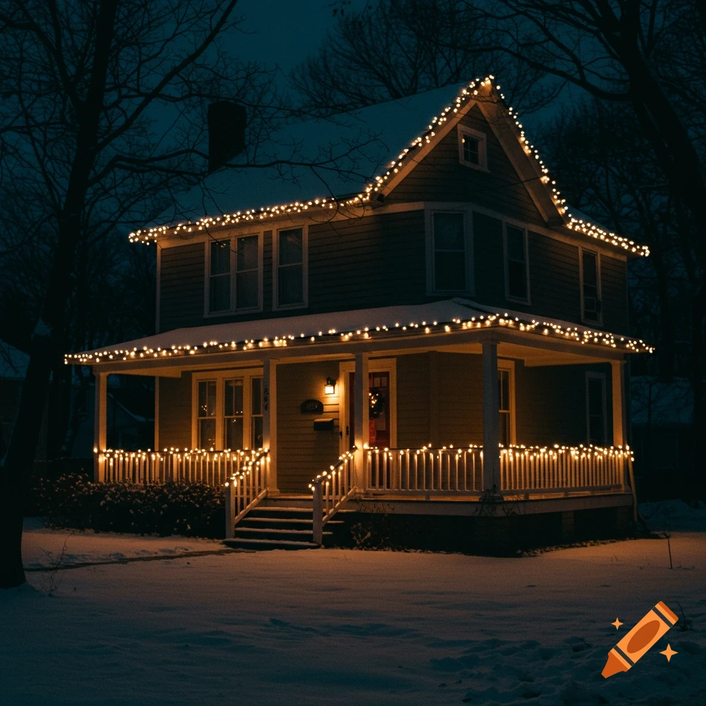 A house decorated with glowing Christmas lights sits in the snow at night.