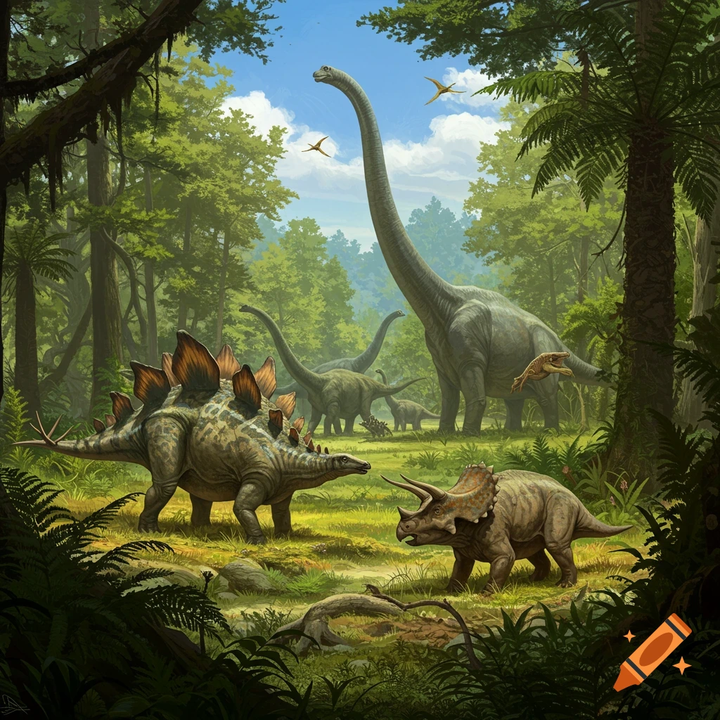 Various dinosaurs including a Brachiosaurus, Stegosaurus, and Triceratops in a prehistoric jungle.