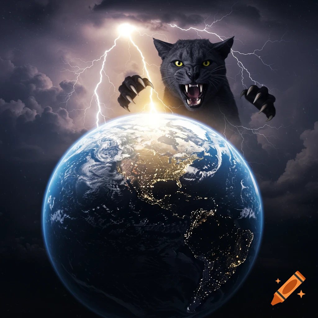 A giant black cat with yellow eyes and claws towers over Earth during a lightning storm.