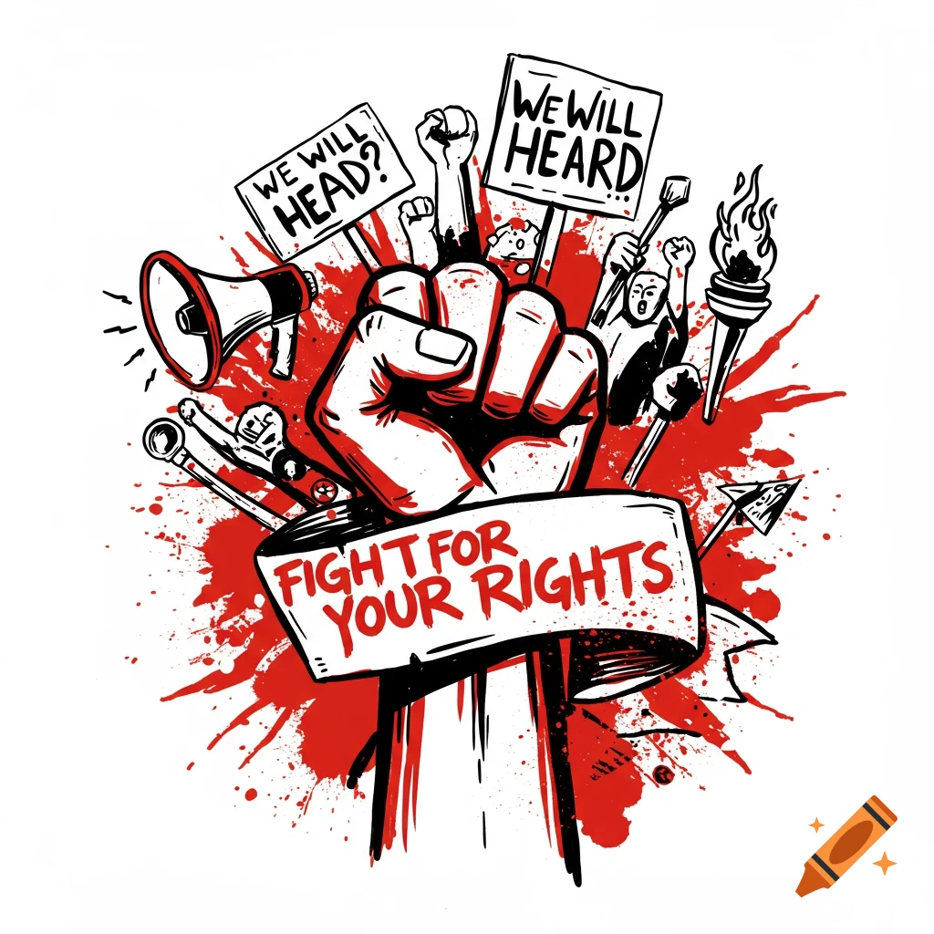 Graphic illustration of a raised fist with 'Fight for Your Rights' banner, surrounded by protest symbols.