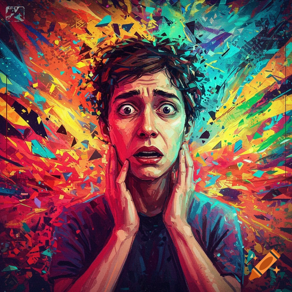 A person's face in terror, surrounded by an explosion of vibrant, fragmented abstract shapes.
