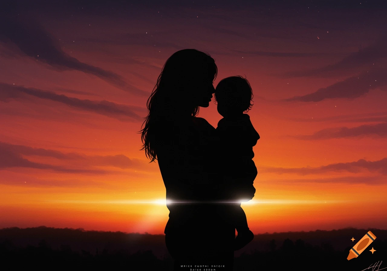 Silhouette of a mother holding a child against a vibrant sunset sky.
