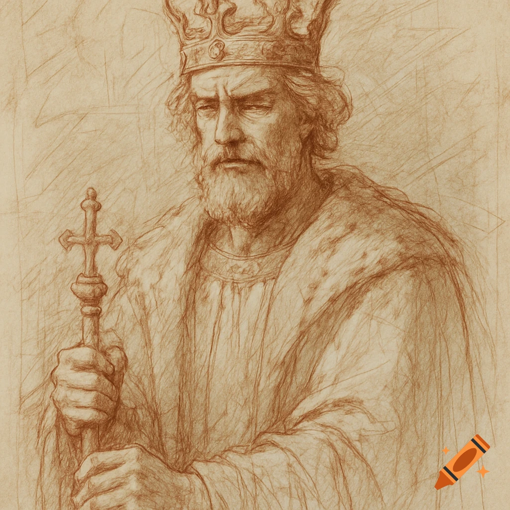 Sepia sketch drawing of a king wearing a crown and fur robe, holding a staff with a cross.