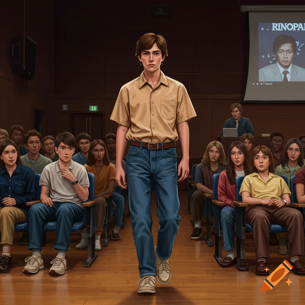 A young man walks down the aisle of an auditorium with an audience watching and a screen behind him.