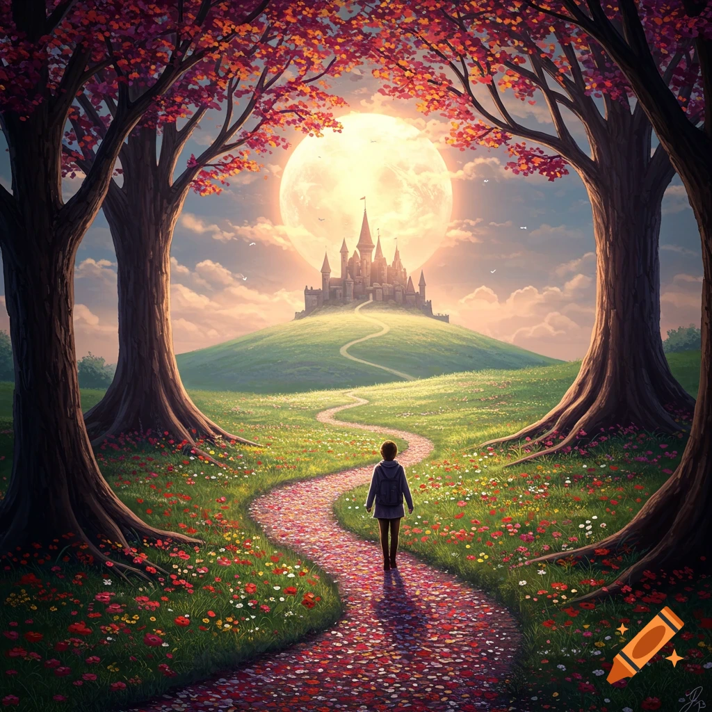 A figure walks along a path of red flowers towards a castle situated on a hill, under a large sun and framed by trees.