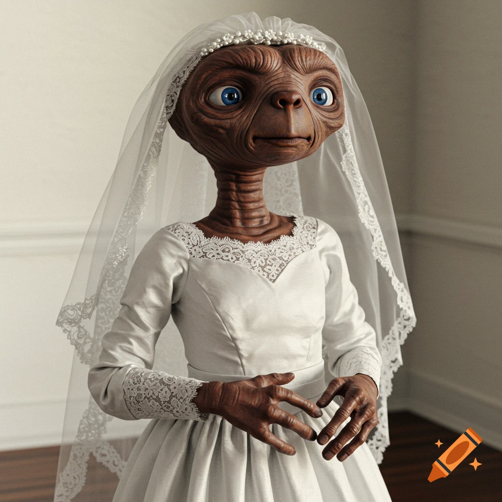 ET wears a white wedding dress and veil